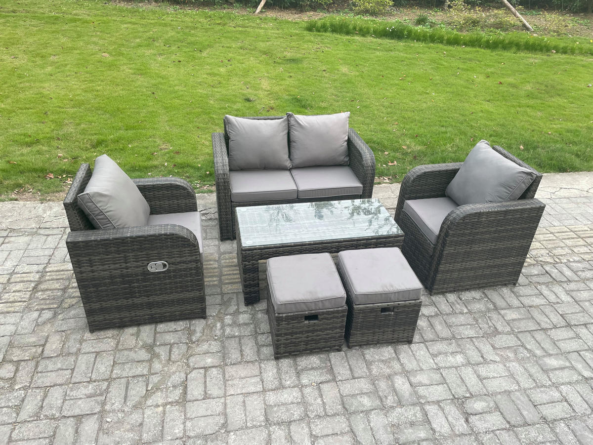 GARTENMÖBEL SET mit Sofa Polyrattan 6-Sitzer Dunkelgrau - Dunkelgrau/Grau, Glas/Kunststoff - Fimous