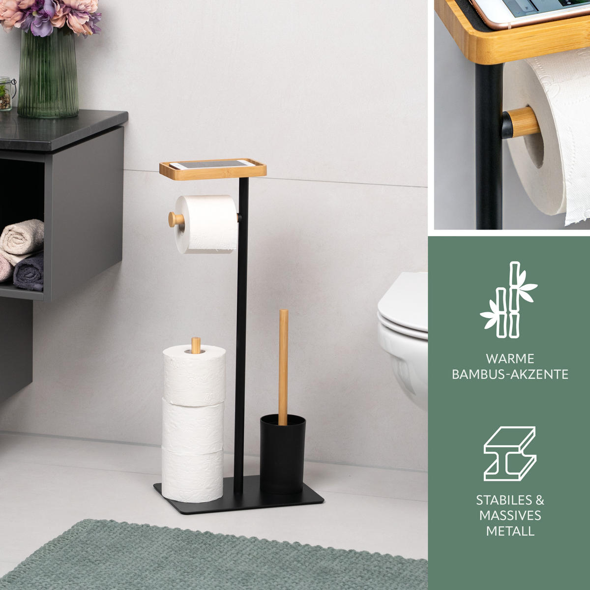 STAND-WC-GARNITUR 4in1, Bambus/Metall schwarz - Schwarz, Metall (30/68/20cm) - eluno