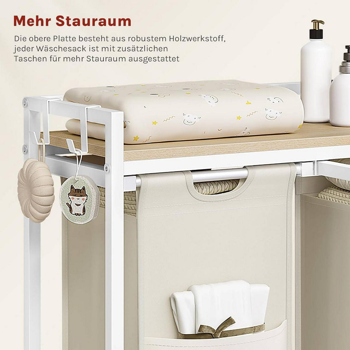 WÄSCHEKORB 2 Fächer, jedes 40 L, Weiß+Helle Eiche - Eichefarben/Weiß, Holzwerkstoff/Textil (70/71/30cm) - Woltu