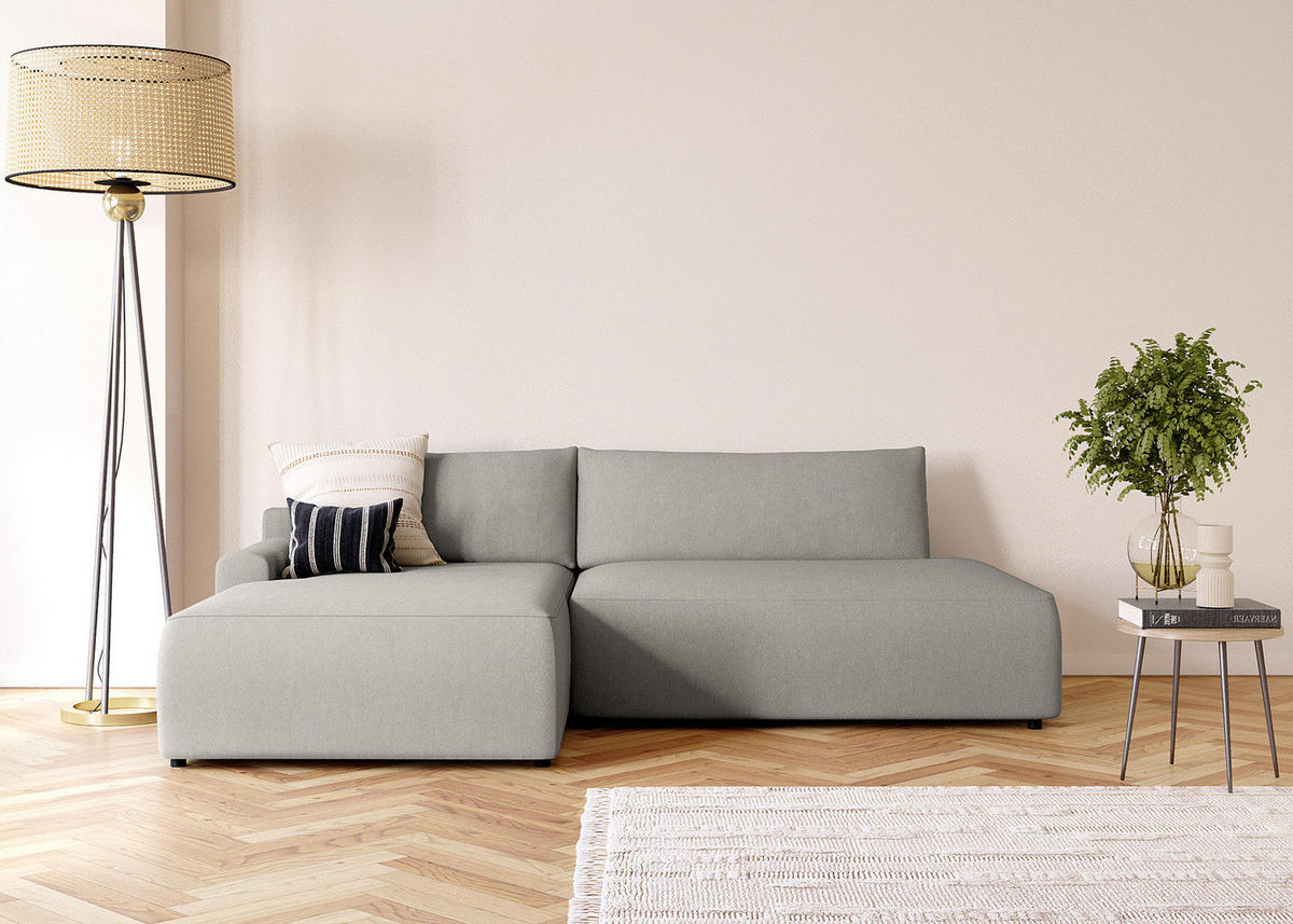 ECKSOFA mit Schlaffunktion - Longchair - Hellgrau/Schwarz, Kunststoff/Textil (253/167cm) - home24