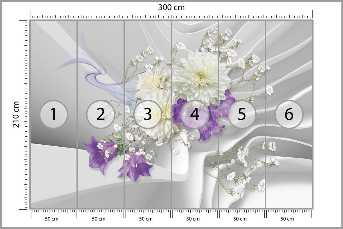 FOTOTAPETE für Wohnzimmer BLUMEN Abstraktes Welliges Raumhintergrund 300x210 - Violett/Weiß, Papier (300/210cm) - Muralo