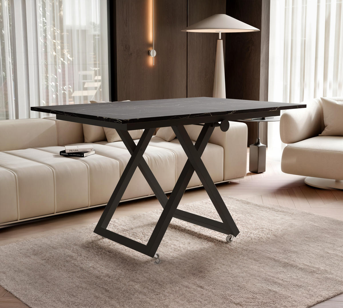 COUCHTISCH ARIA 120-160/80 cm, Höhenverstellbar, Schwarz / Grigia Pietra (Steingrau) - Schwarz/Grau, Holzwerkstoff/Metall (120/80/38cm) - Idohome