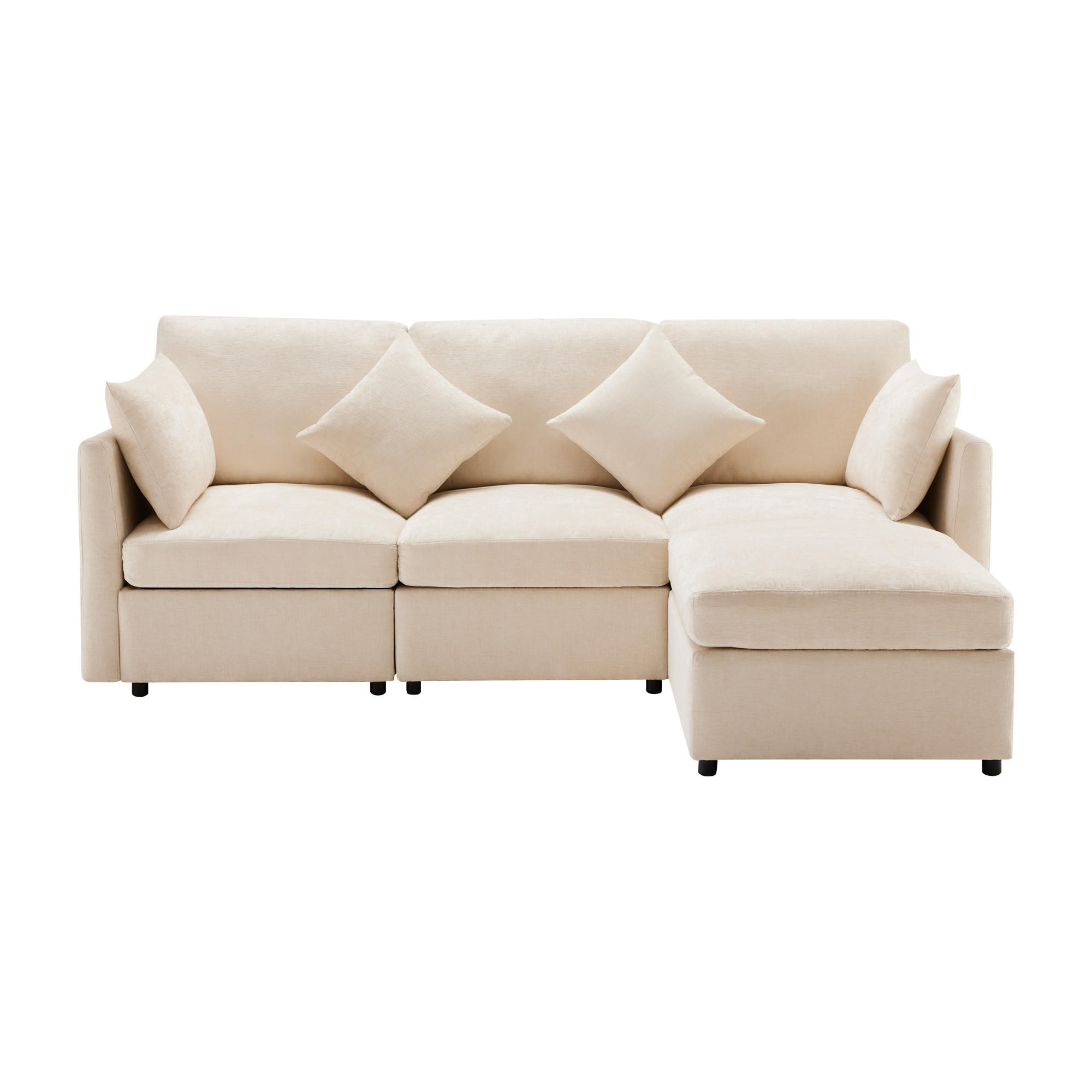 4-SITZER ECKSOFA Chenille Beige mit Hocker und Kissen - Beige, Holzwerkstoff/Kunststoff (216/161cm) - WISHDOR