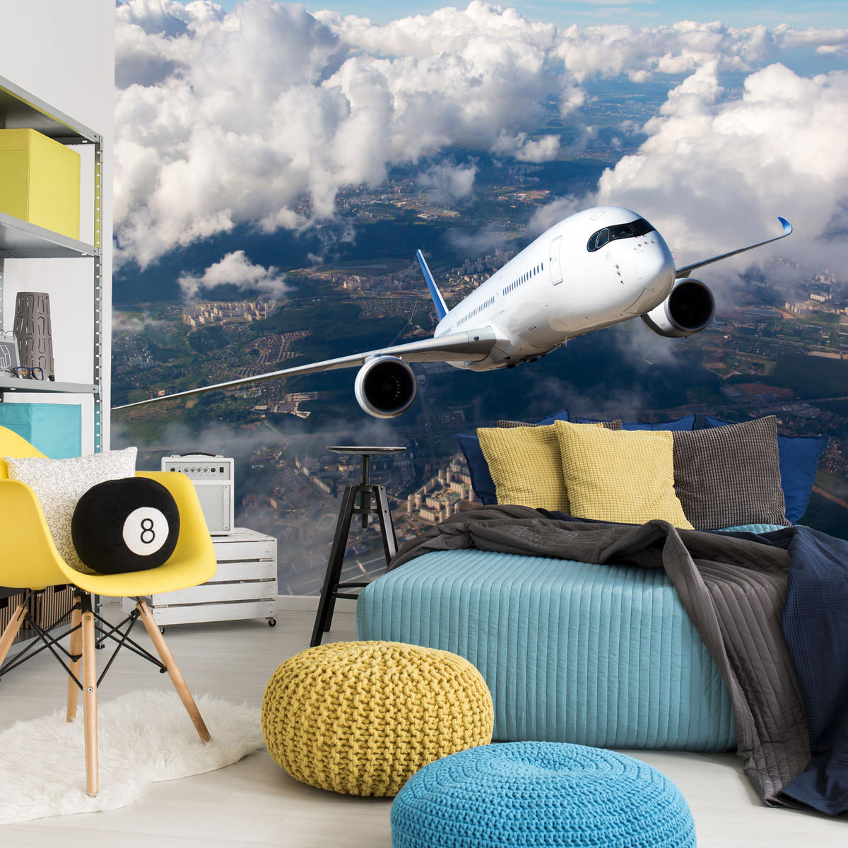 FOTOTAPETE für Jugendzimmer Flugzeug Start Wolken Himmel 200x140 - Blau/Beige, Papier (200/140cm) - Muralo