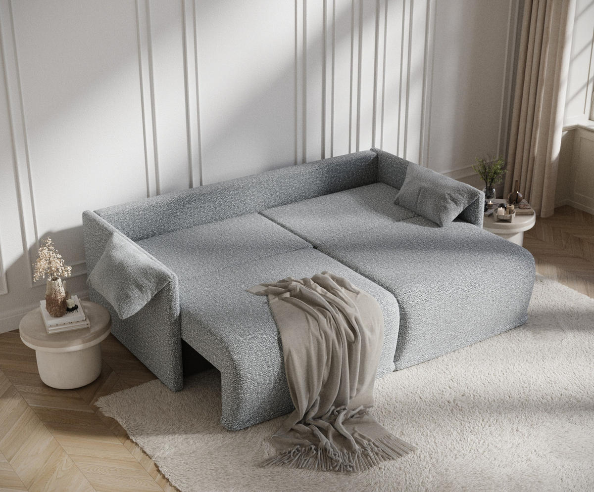 SCHLAFSOFA MIT ECKSOFA-FUNKTION Nappa Grau Plüschstoff - Schwarz/Grau, Holz/Holzwerkstoff (215/100/112cm) - Maison de Reve