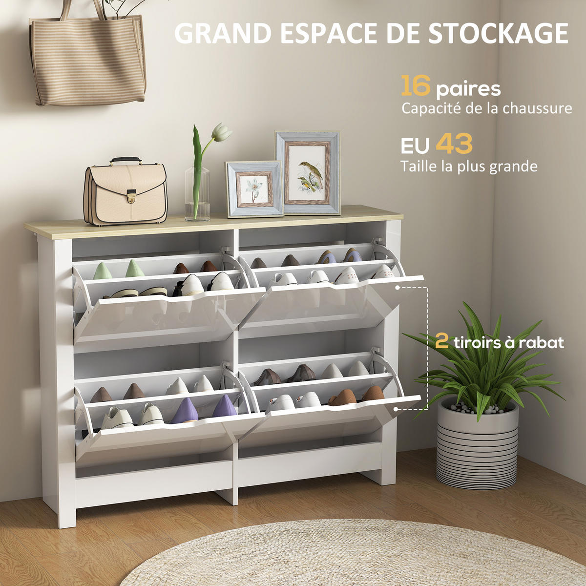 SCHUHSCHRANK DE-15037 4 Klapptüren, 16 Paar Weiß - Weiß, Holzwerkstoff (105/80/26cm) - ComfortXL
