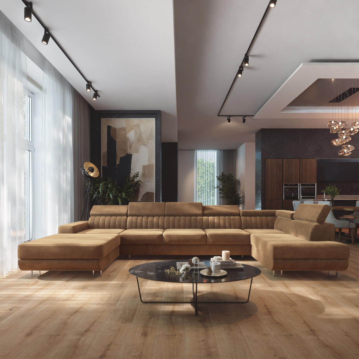 WOHNLANDSCHAFT GAIAN Beige Velours-Stoff mit Schlaffunktion - Beige, Holz (412/88/190cm) - MASSENO