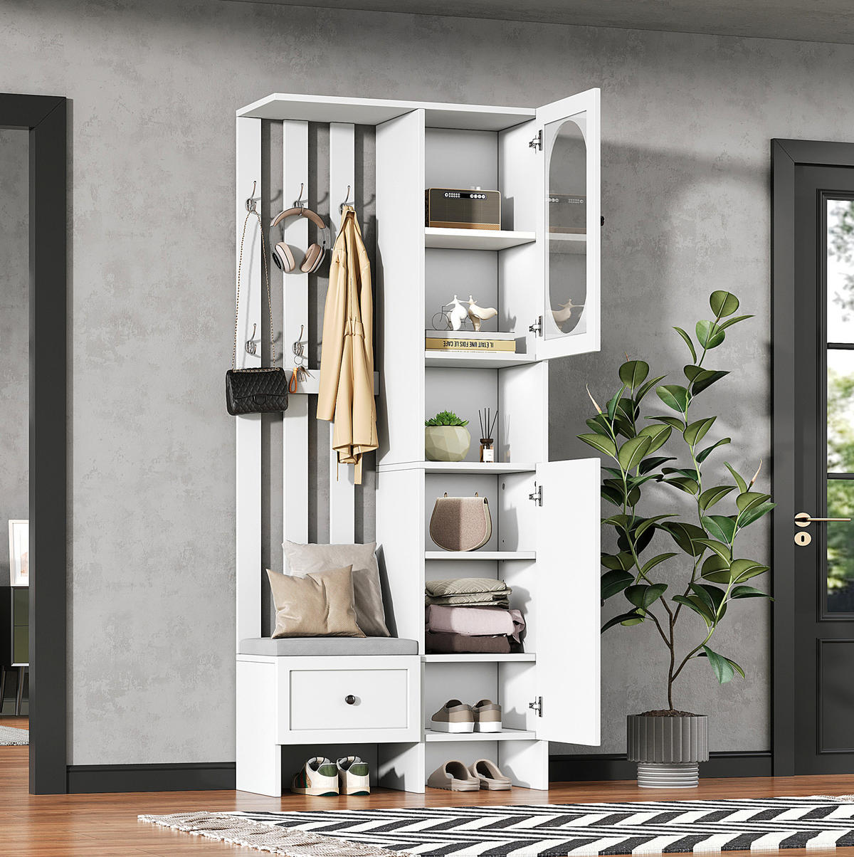 KOMPAKTGARDEROBE 85/33,5/200 cm aus Spanplatte mit gehärtetem Glas und Schuhbank Weiß - Weiß, Holzwerkstoff (33.5/200/85cm) - Modenvie