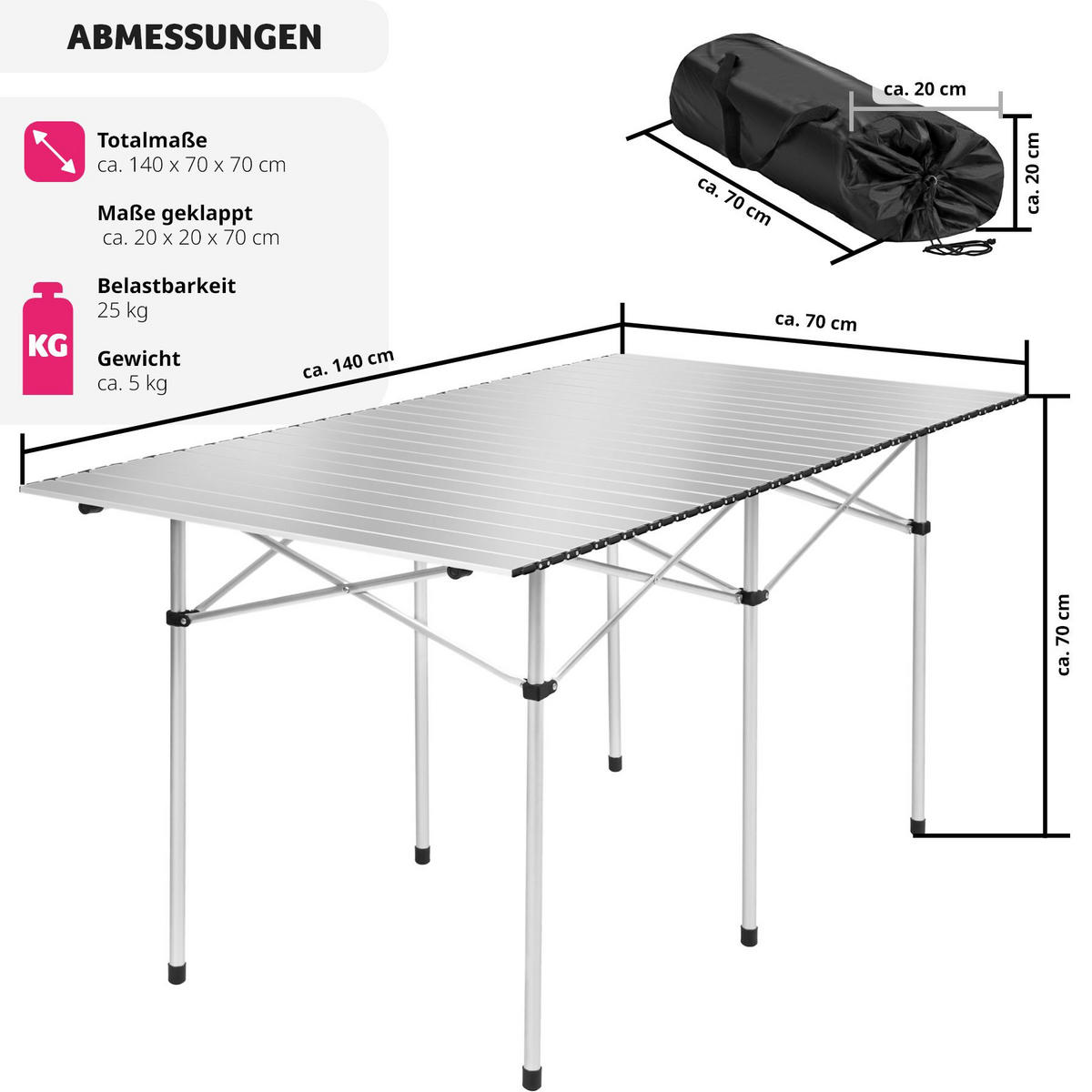 CAMPINGTISCH ,140 x 70 x 70 cm,grau - Grau, Metall (140/70/70cm) - tectake