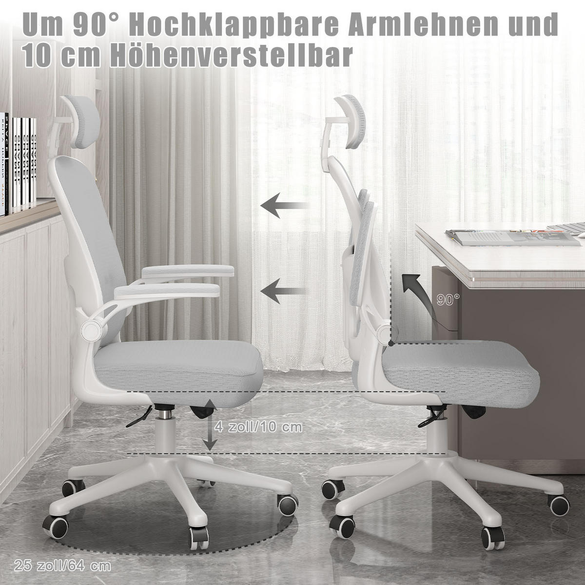 BÜROSTUHL ergonomisch, höhenverstellbar, klappbare Armlehnen, Kopfstütze – Grau - Grau, Metall (50.5/134/52cm) - Rattantree