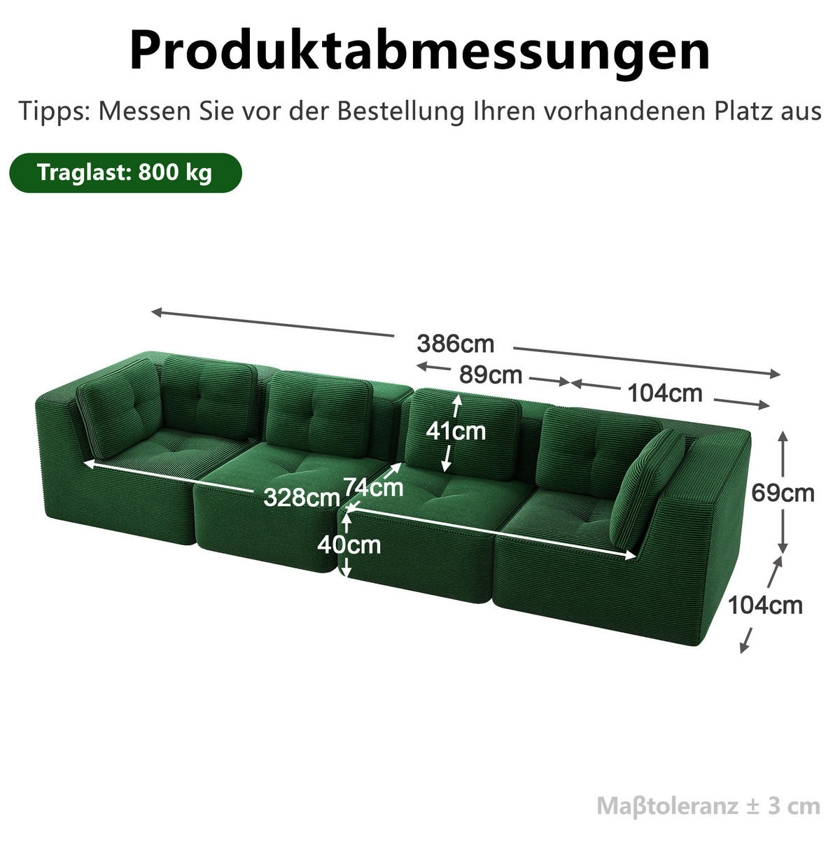 SOFA 386/104/69 cm in Grün aus Cord mit modularen Elementen - Grün, Textil (104/69/386cm) - Flora Grace
