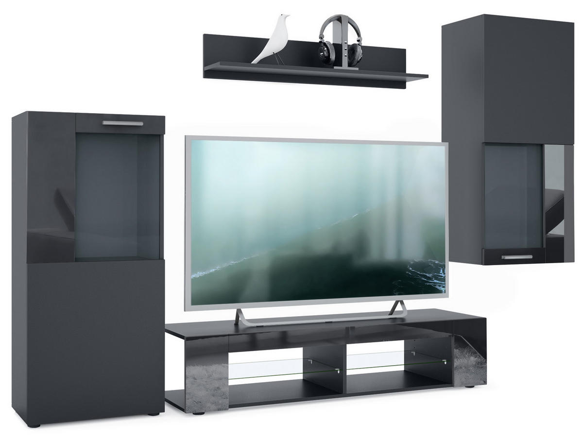 WOHNWAND Movie Absetzungen in Schwarz Hochglanz - Schwarz Hochglanz, Holzwerkstoff (300/190/39cm) - Vladon