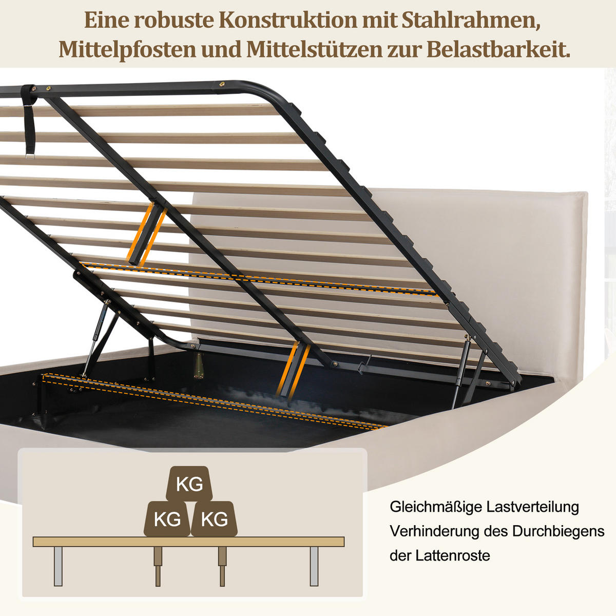 POLSTERBETT Creme Samt 180x200 Hydraulik Stauraum Massivholz - Creme, Textil (180/200cm) - FLIEKS