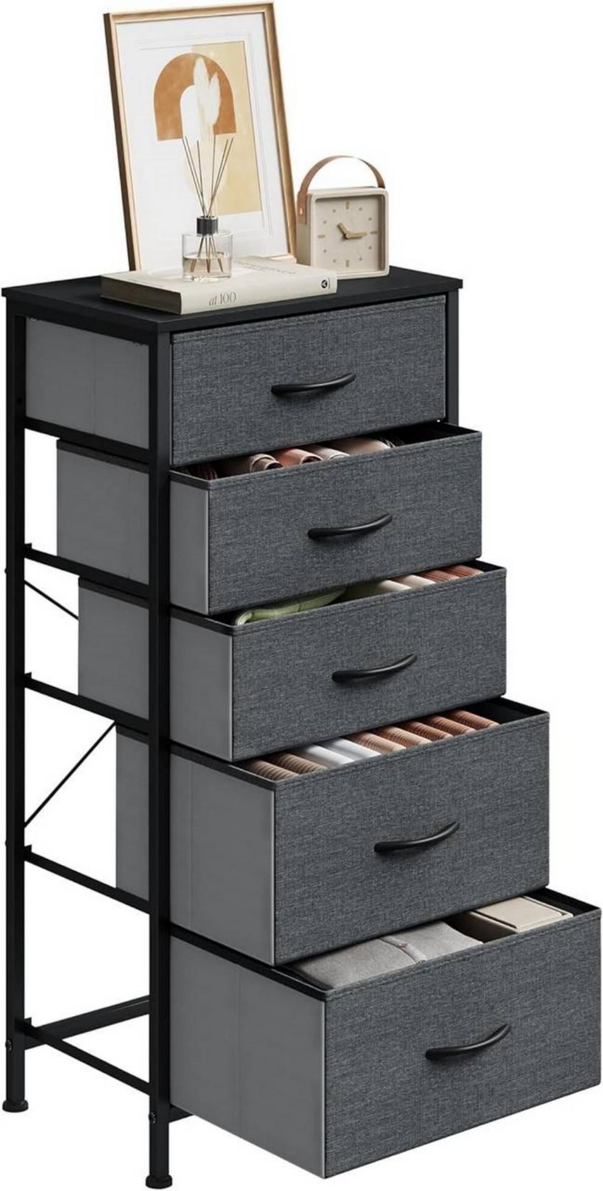 KOMMODE mit 5 Schubladen, aus Holzwerkstoff, Schwarz + Dunkelgrau - Dunkelgrau/Schwarz, Holzwerkstoff/Textil (45.5/95.5/30cm) - Woltu