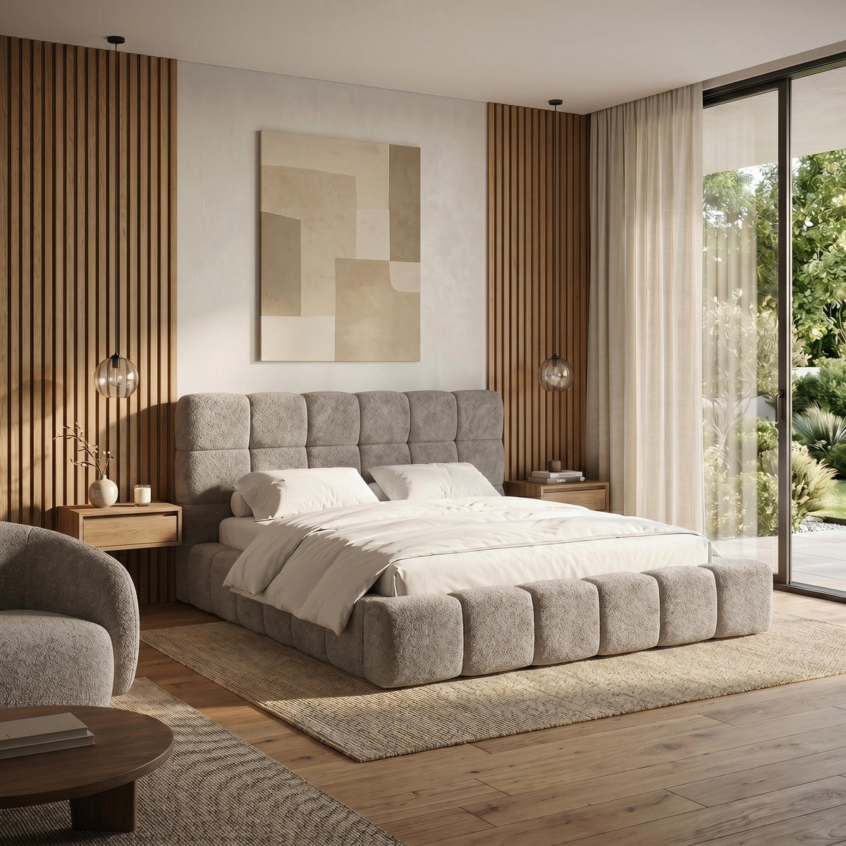 POLSTERBETT AMITY MAXI 200x200 cm in Beige, gepolstertes Kopfteil, Lattenrost, Bettkasten, Bouclé-Stoff - Beige/Naturfarben, Holz/Textil (200/200cm) - Muffo