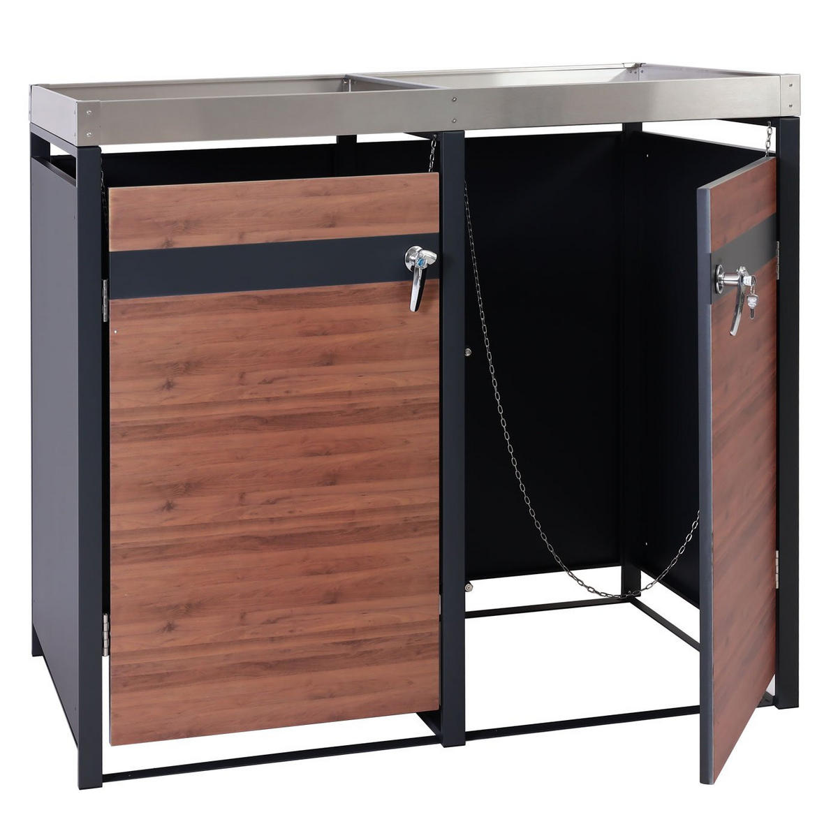 MÜLLTONNENBOX 2er mit Pflanzkasten 125x132x80cm Anthrazit Kirsche-Holzoptik Dunkelbraun erweiterbar - Kirschbaumfarben, Metall (132/125/80cm) - PROREGAL