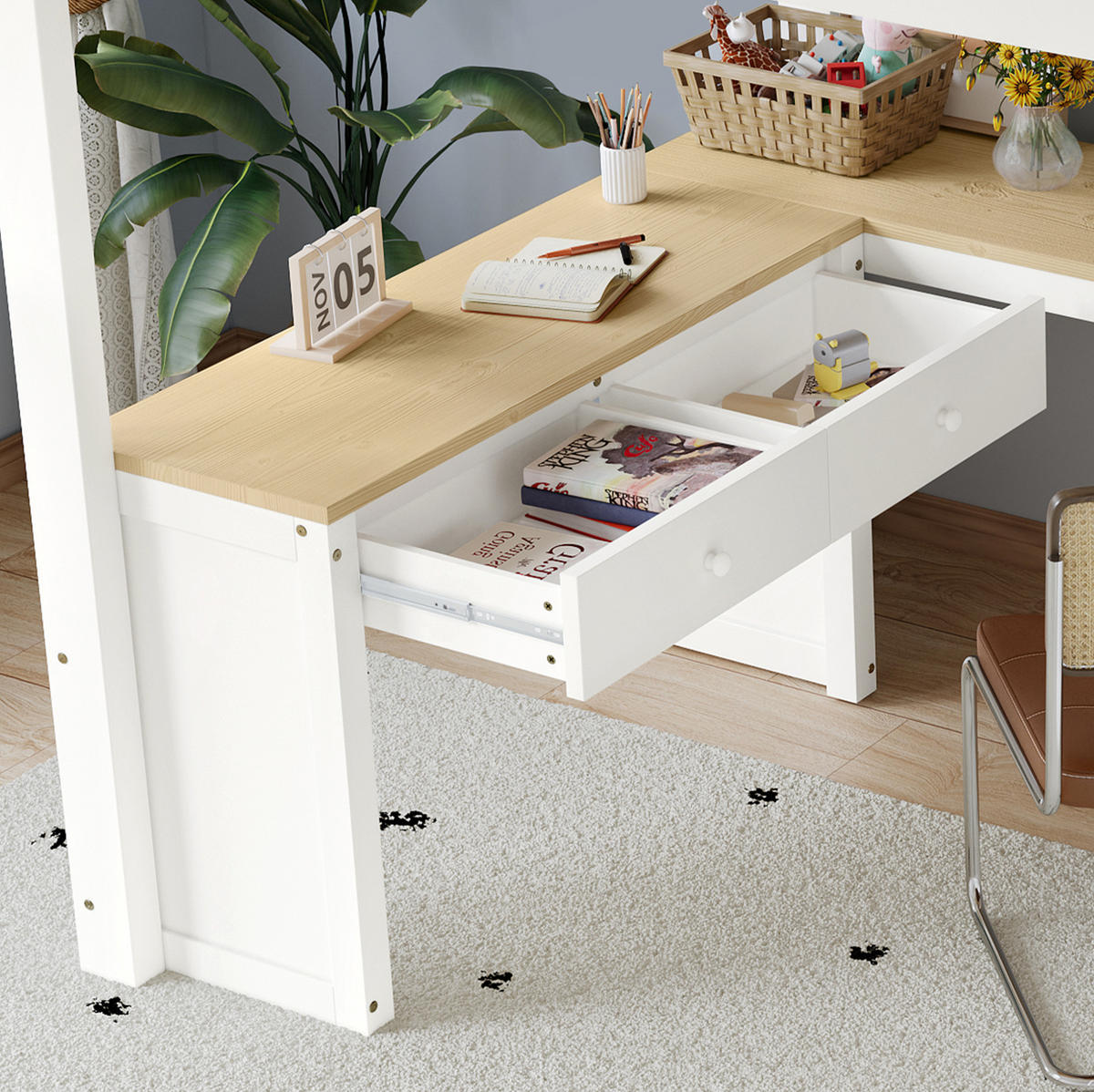 HOCHBETT 140/200 cm, Weiß/Natur mit U-förmigem Langtisch und 2 Schubladen - Weiß, Holz (140/200cm) - MIVRAY