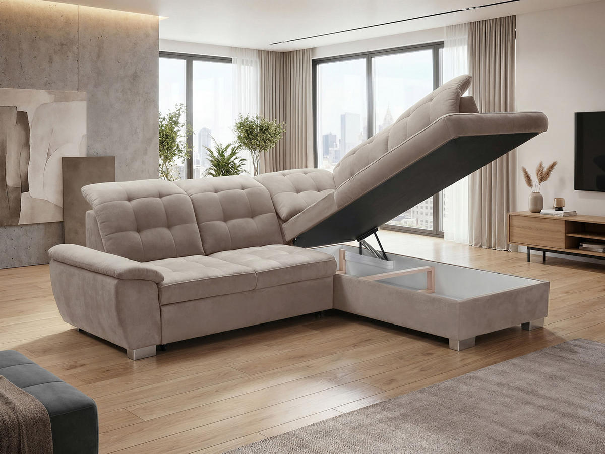 ECKSOFA LENO Rechts, mit Schlaffunktion und Bettkasten, Beige - Beige, Kunststoff/Textil (261/220cm) - Idohome