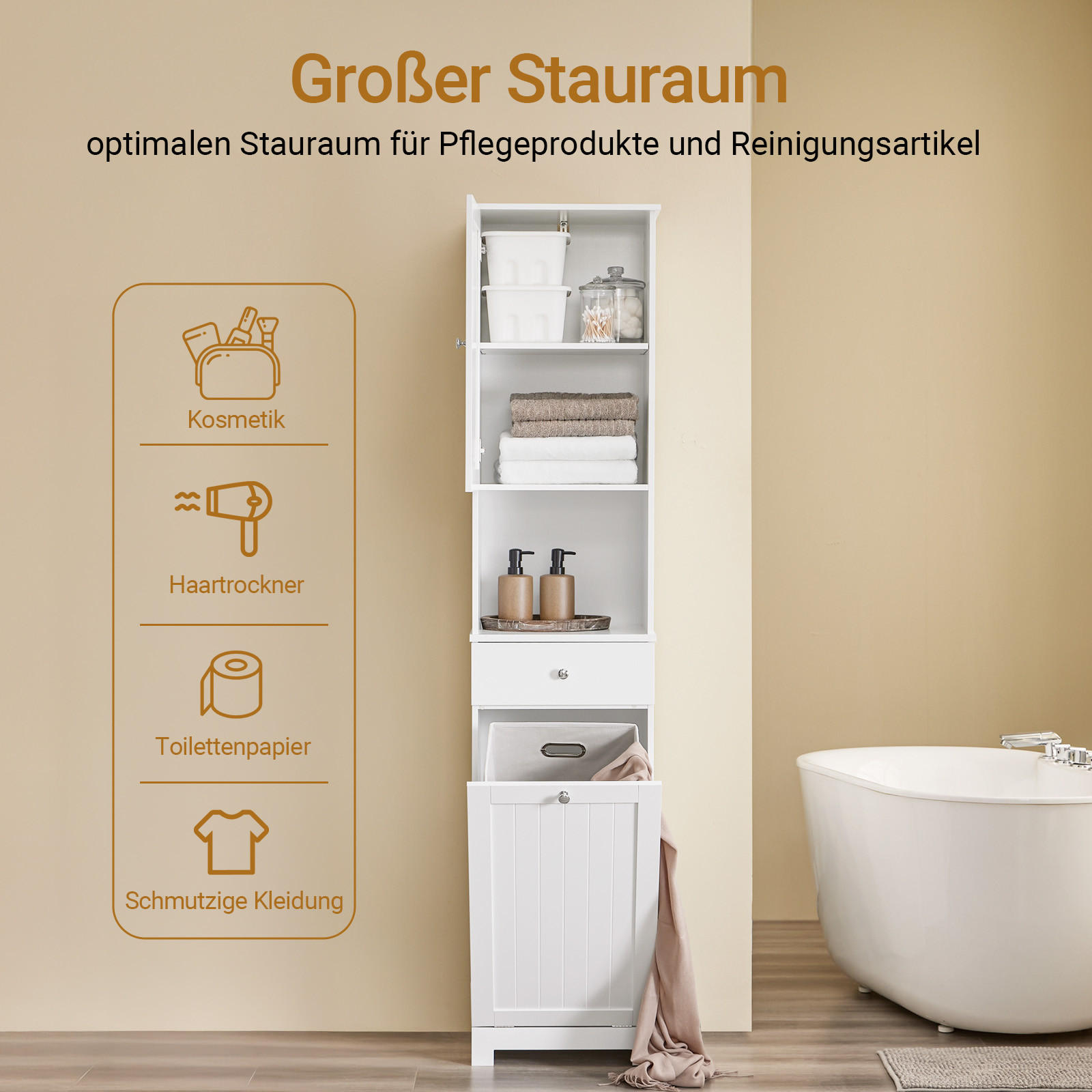 HOCHSCHRANK mit Wäschesack 40x38x180cm - Weiß, Holzwerkstoff (40/180/38cm) - SoBuy