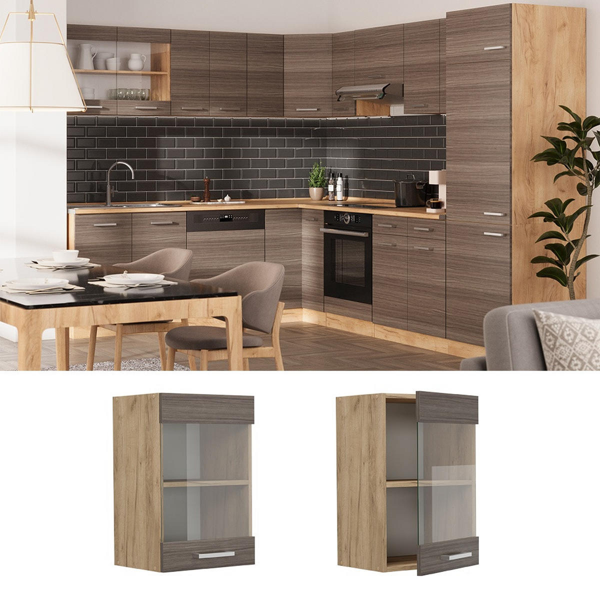 KÜCHENGLASSCHRANK R-Line Edelgrau 40 cm - Eichefarben/Grau, Holzwerkstoff (40/60/31cm) - Vicco