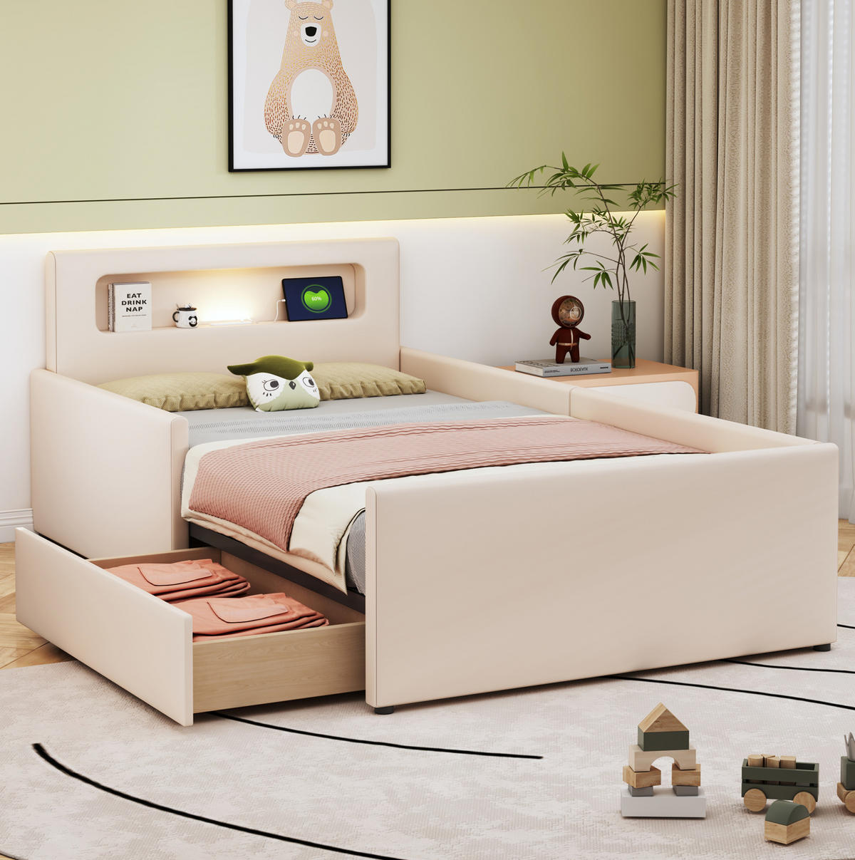 KINDEREINZELBETTEN aus Kunstleder 90x200 cm in Beige mit USB & Nachtlicht - Beige, Leder (90/200cm) - Modfu