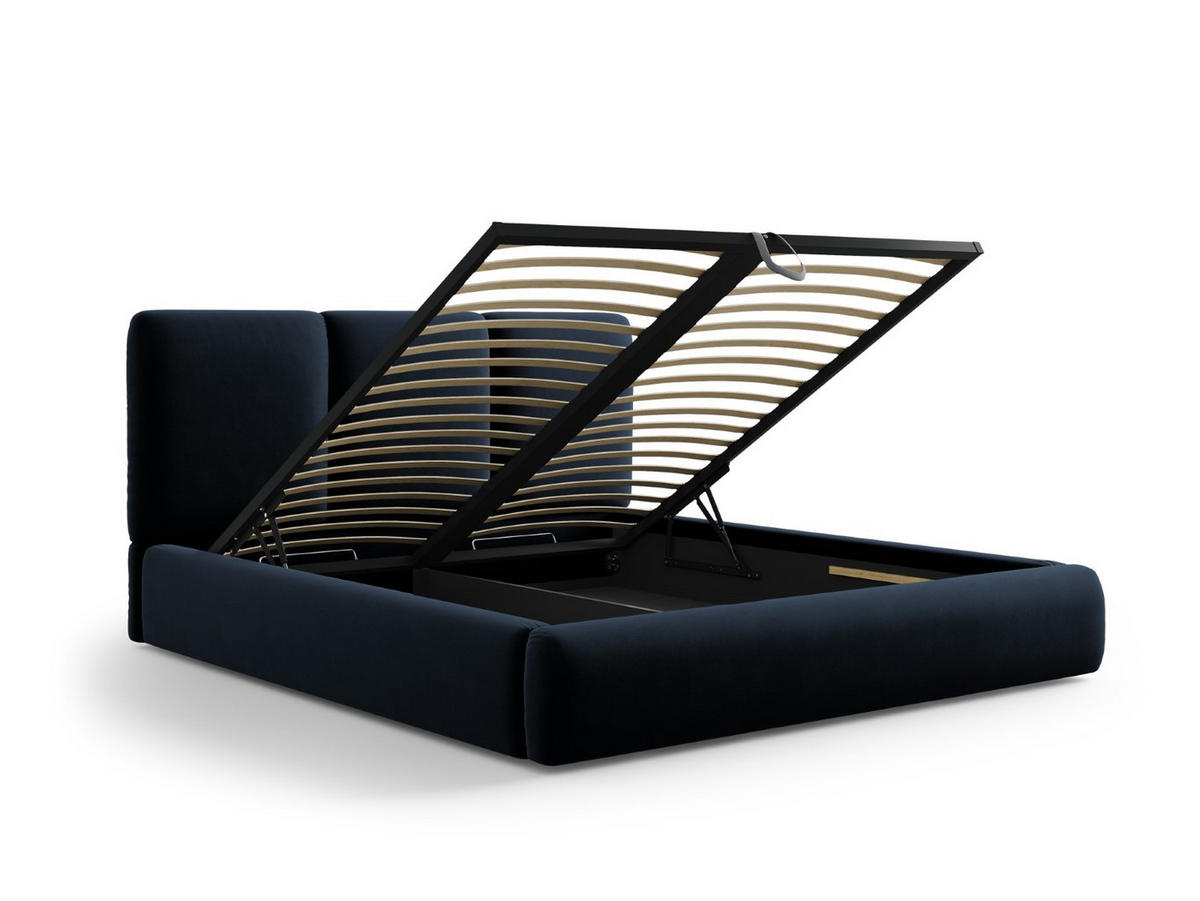 BETT mit Bettkasten und Kopfteil Nicolas aus Samt dunkelblau 200x200cm - Dunkelblau, Textil (200/200cm) - Cosmopolitan Design