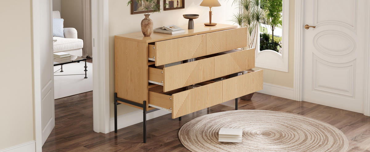 SIDEBOARD 6 Schubladen 3D Struktur - Naturfarben, Holz (115.5/75/38cm) - LEBENLANG