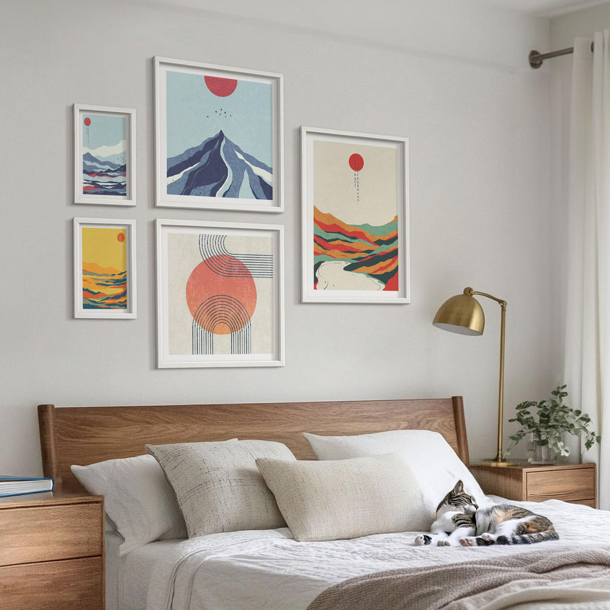 BILDER SET 5er Set - 50x50 cm & 20x30 cm & 40x60 cm Weißer Rahmen - Pastellfarbene Berge im Japandi-Stil - Weiß, Kunststoff (40/60cm) - TULUP