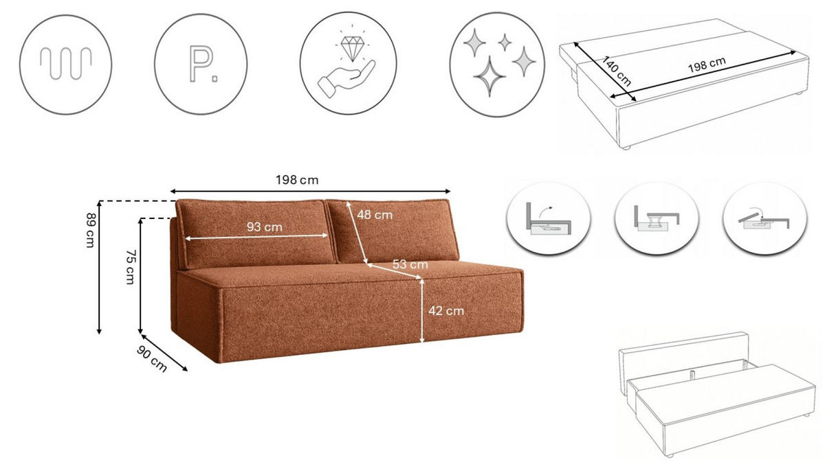 SCHLAFSOFA Mit Bettkasten DUO Stoff Verita Kupfer - Kupferfarben, Holz/Kunststoff (198/89/90cm) - Kaiser Möbel