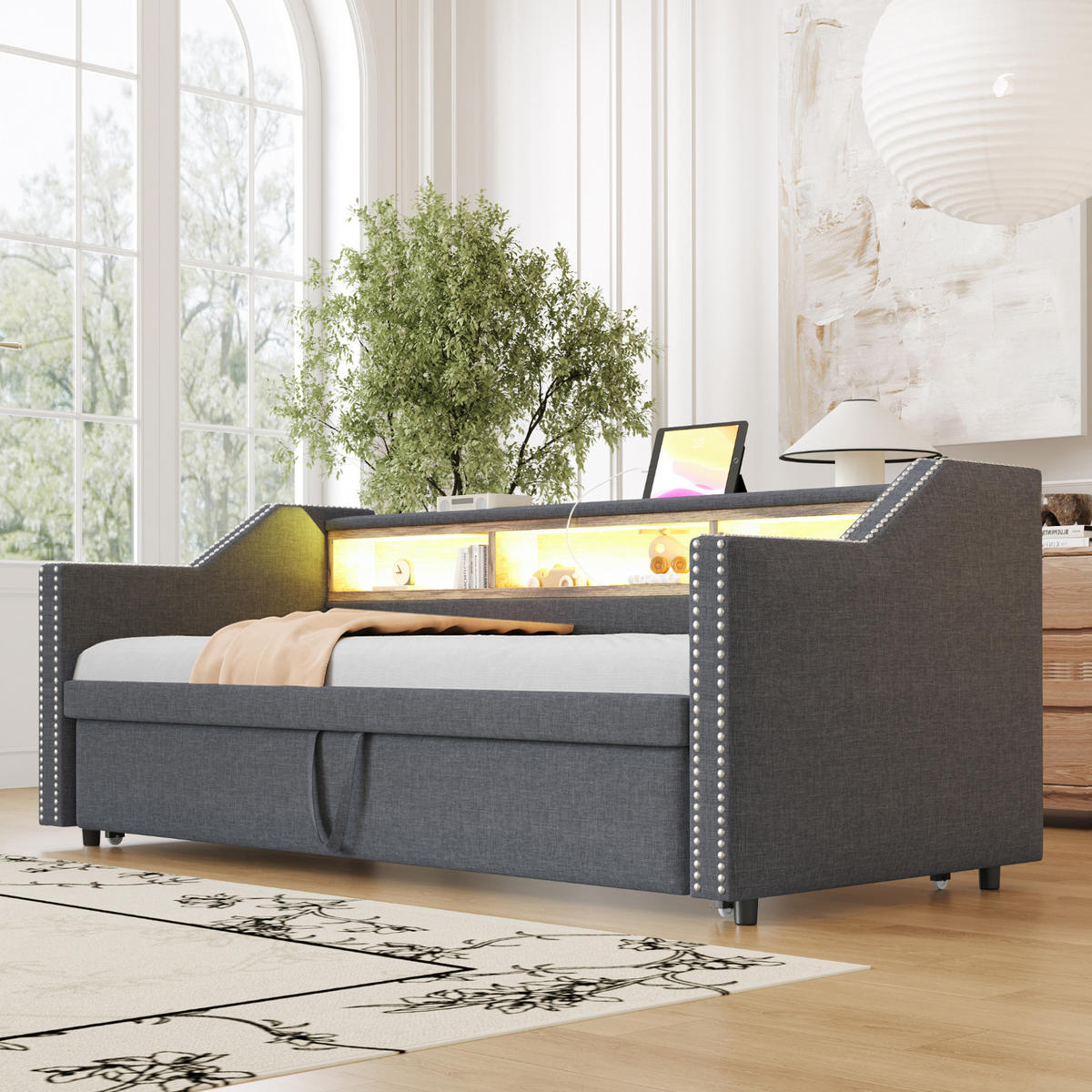 BETT aus Leinen 90/180x190 cm Dunkelgrau mit Ausziehbett, LED, USB und Ablagefächern - Dunkelgrau, Textil (140/200cm) - Modfu
