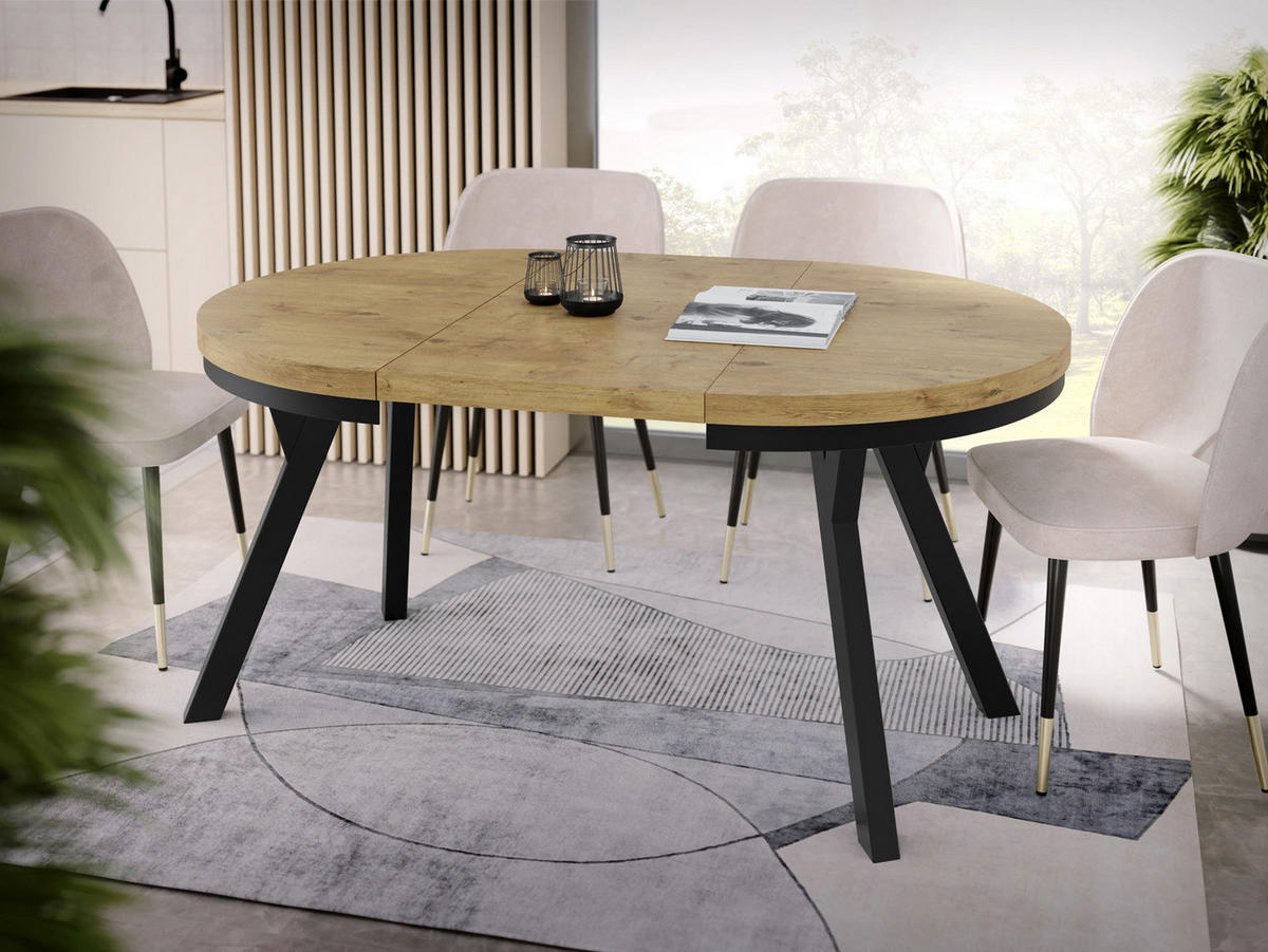 ESSTISCH Lume runder ausziehbarer, Lancelot Eiche 100-150/100/76 cm - Eichefarben/Schwarz, Holz/Holzwerkstoff (100/150/76cm) - WFL GROUP