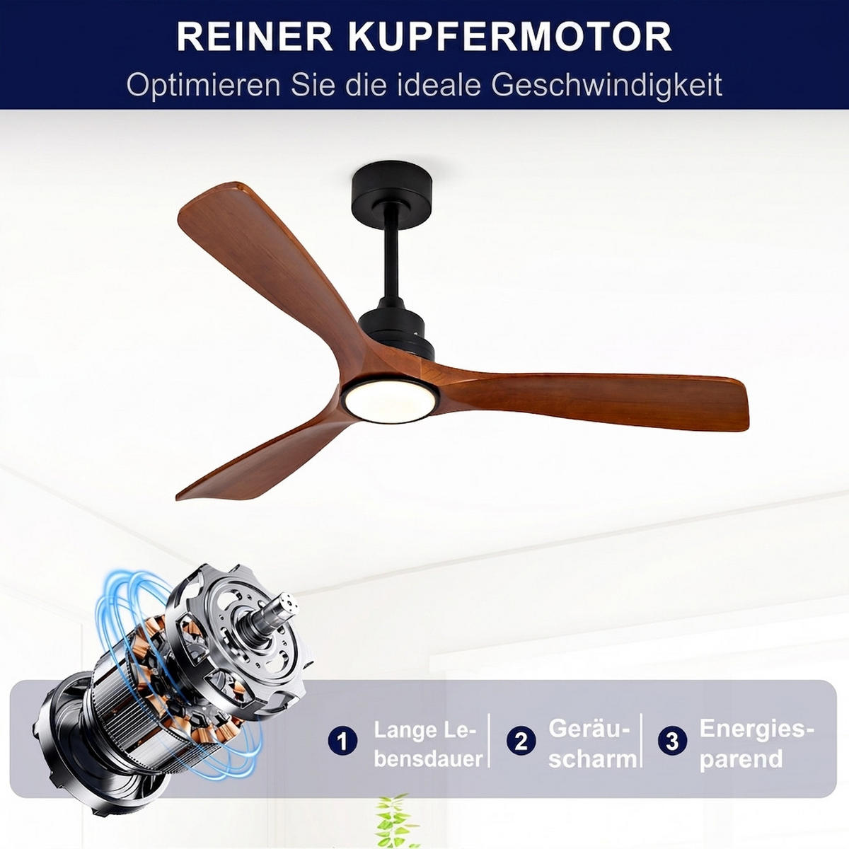 DECKENVENTILATOR & 3 Holzflügeln, 3-Stufen Dimmer, DC-Motor(35dB) - Schwarz, Holzwerkstoff (132/132/45.7cm) - BEXEVUE