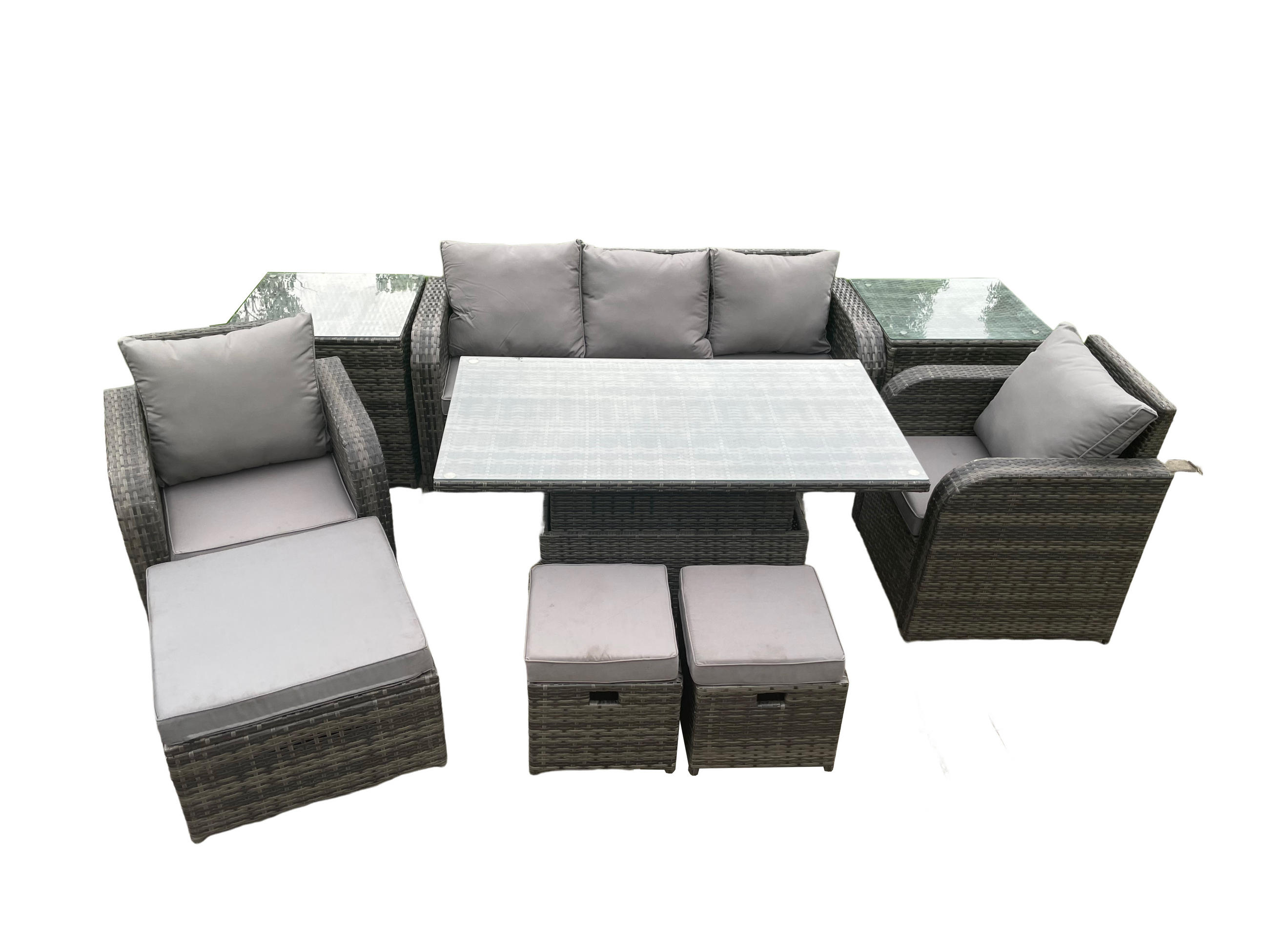 LOUNGESOFA Polyrattan 8-Sitzer - Dunkelgrau/Grau, Glas/Kunststoff - Fimous