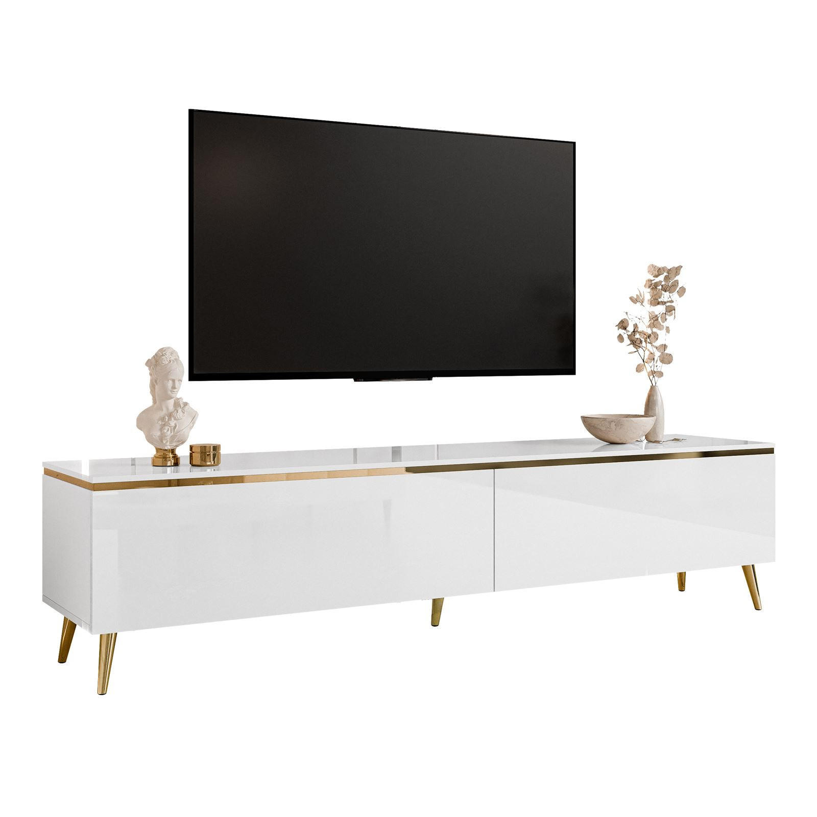 TV-LOWBOARD AURORA Weiß Hochglanz mit schräge Goldchrom Fuße und LED Beleuchtung - Weiß Hochglanz/Goldfarben, Holzwerkstoff/Metall (180/45/40cm) - Lookway