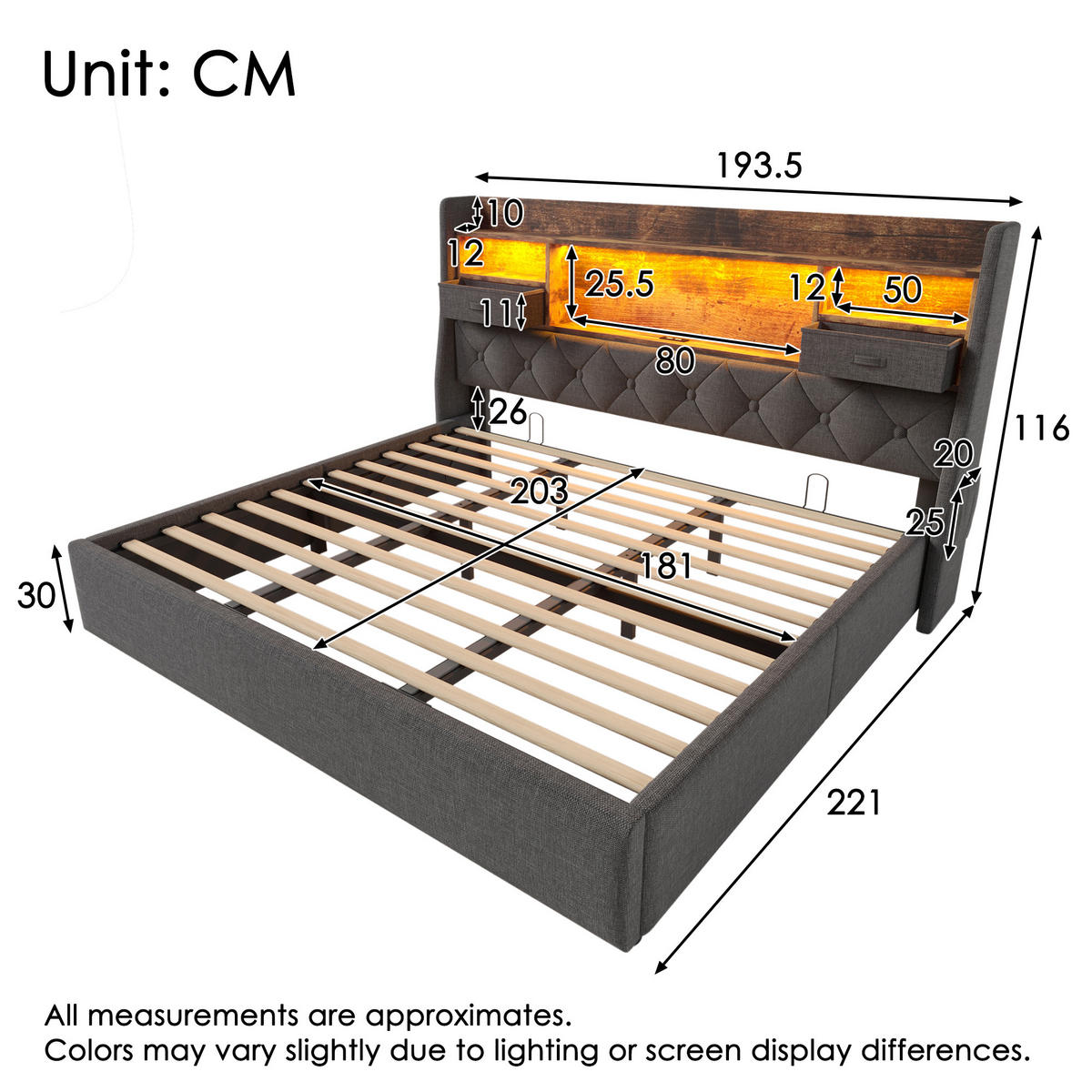 POLSTERBETT 180/200 cm mit LED, USB/Type-C und hydraulischem Bettkasten, Leinenstoff Grau - Grau, Textil (180/200cm) - Redom