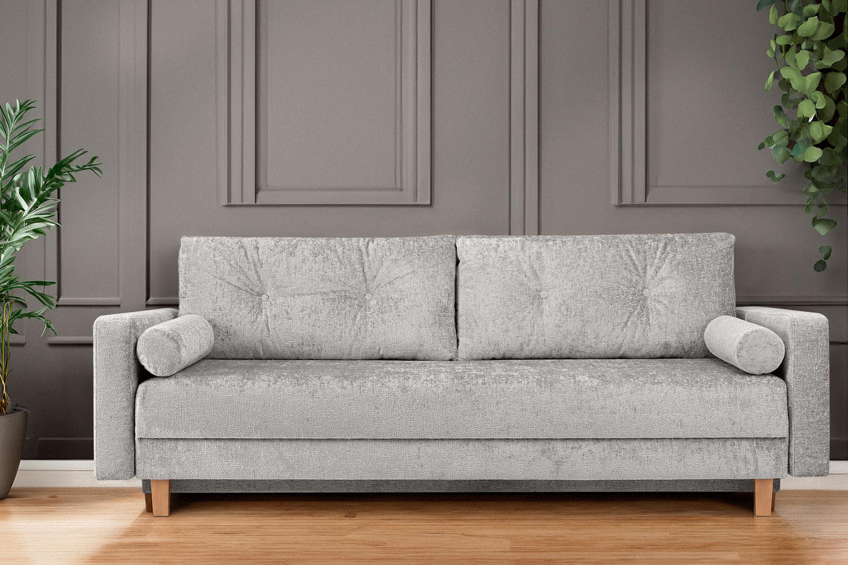 3-SITZER-SCHLAFSOFA ERISO mit weiche Sitzfläche und hohe Rückenlehne, Chenille-Stoff, Silber - Silberfarben/Braun, Textil (220/80/100cm) - KONSIMO®