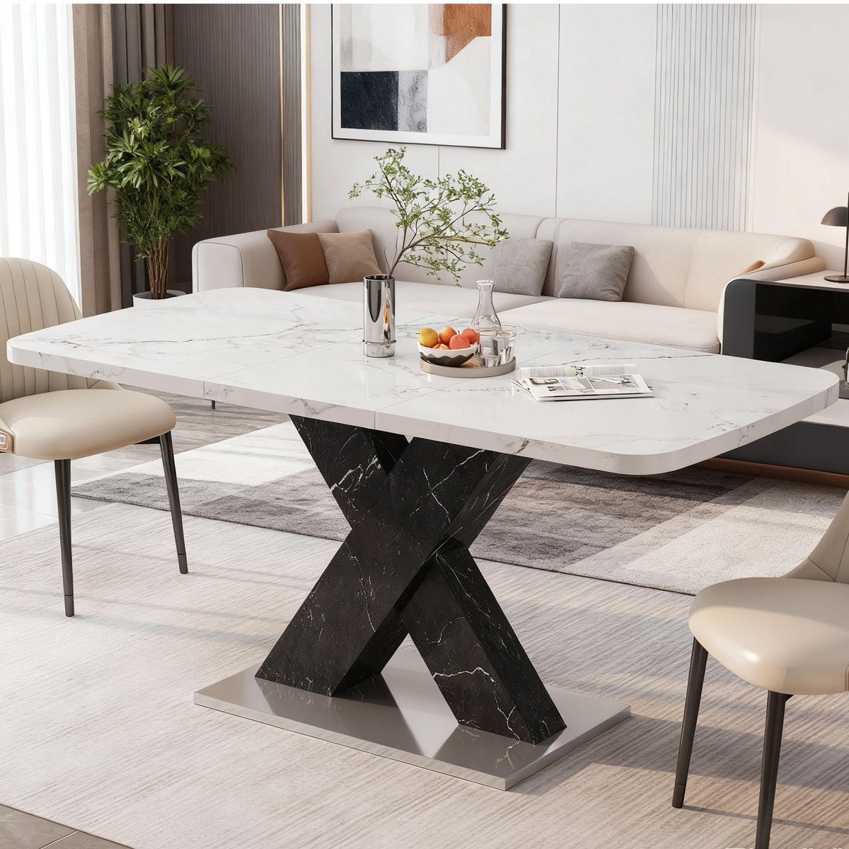 ESSTISCH in Braun X-Form Küchentisch mit Stauraum, 120CM-160CM - Schwarz/Weiß, Holzwerkstoff/Metall (160/80/76.5cm) - STILVORA