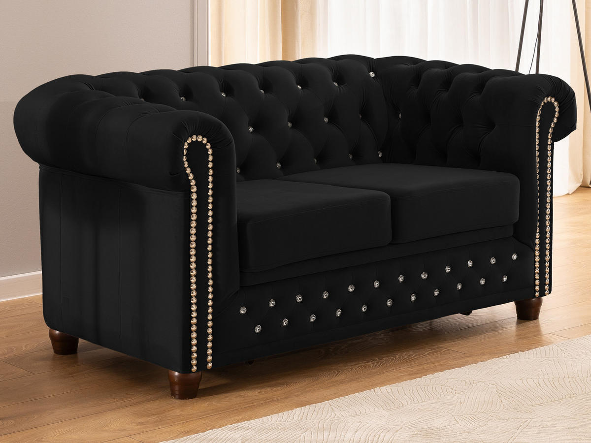CHESTERFIELD-SOFA 2-Sitzer mit Schlaffunktion Cleo Blink Schwarz Samt mit Kristallsteppung und braunen Massivholzfüßen - Schwarz/Braun, Holz/Textil (148/72/86cm) - S-Style Möbel