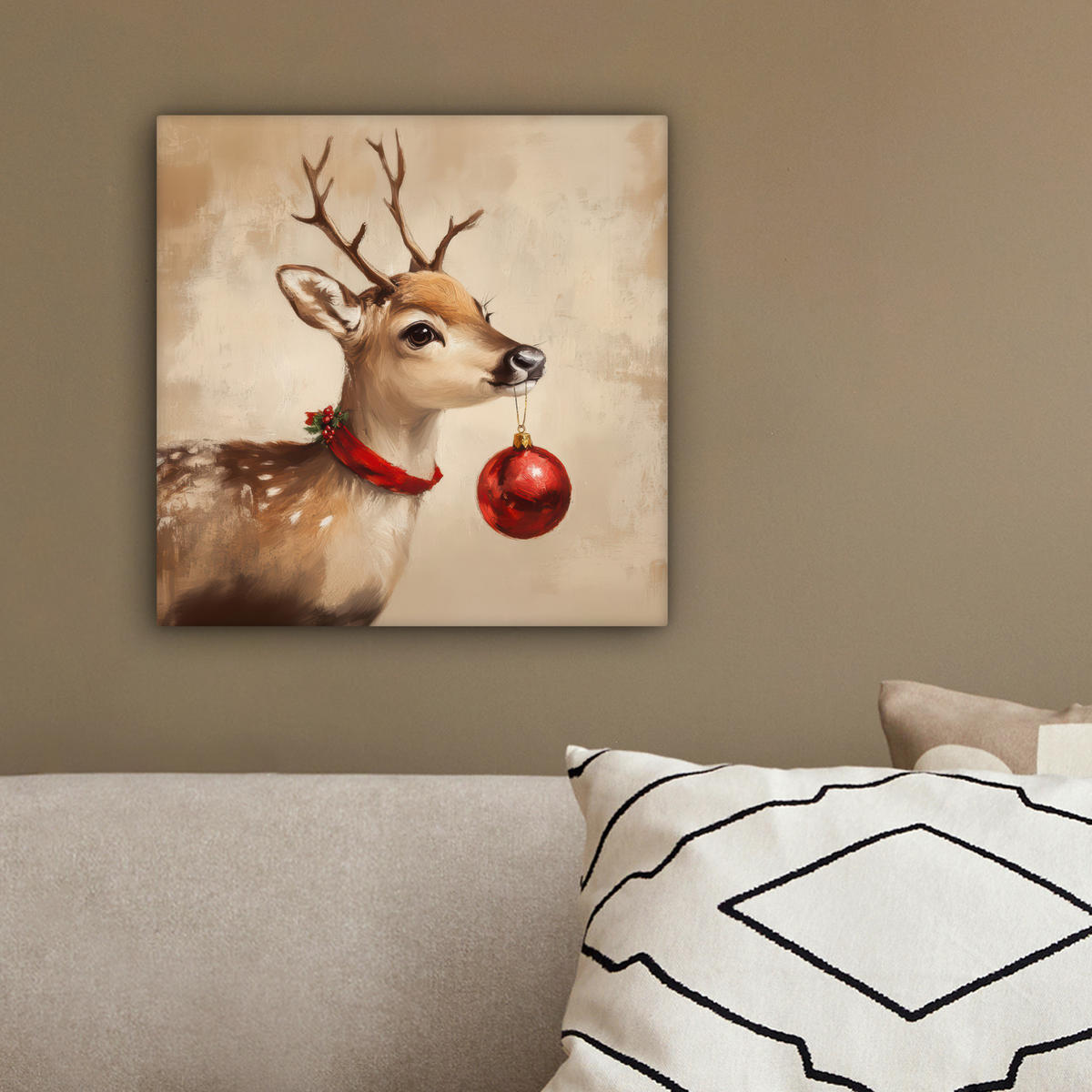 LEINWANDBILD Weihnachten - Hirsch - Geweih - Weihnachtskugel - Rentier 20x20 cm - Hellbraun, Textil (20/20cm) - MuchoWow