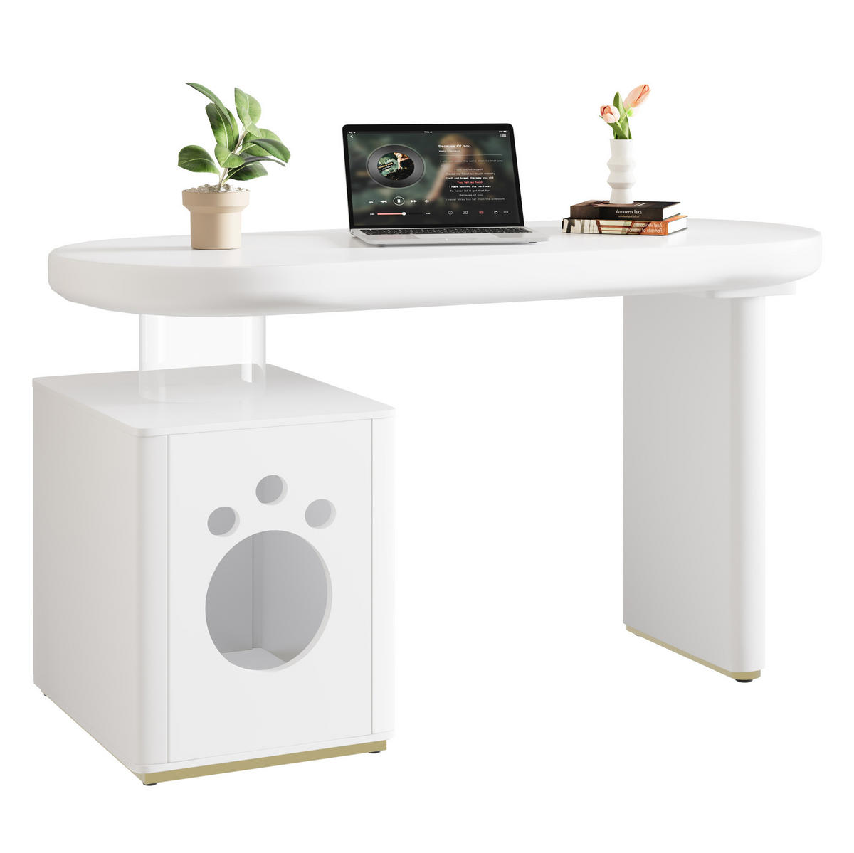 SCHREIBTISCH mit Haustierbett 117/50/76 cm weiß MDF, abgerundete Kurven - Weiß, Holzwerkstoff (117/50/76cm) - OKWISH