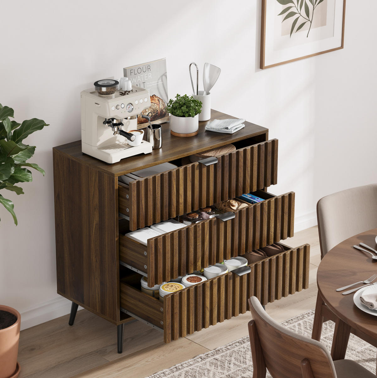 KOMMODE aus MDF 80x39x78 cm Walnuss mit 3 Schubladen und Metallbeinen - Walnussfarben, Holzwerkstoff (80/78/38cm) - Modfu