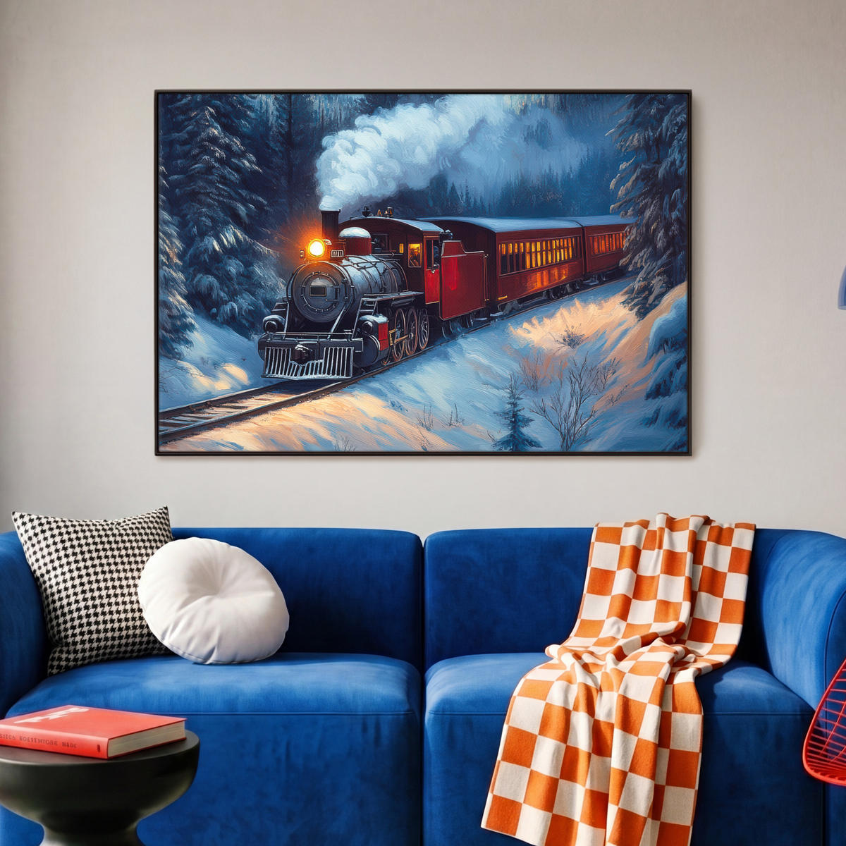 LEINWAND Bilder mit Rahmen - Zug - Weihnachten - Schnee - Weihnachtszug - 90x60 - Anthrazit, Textil (90/60cm) - MuchoWow