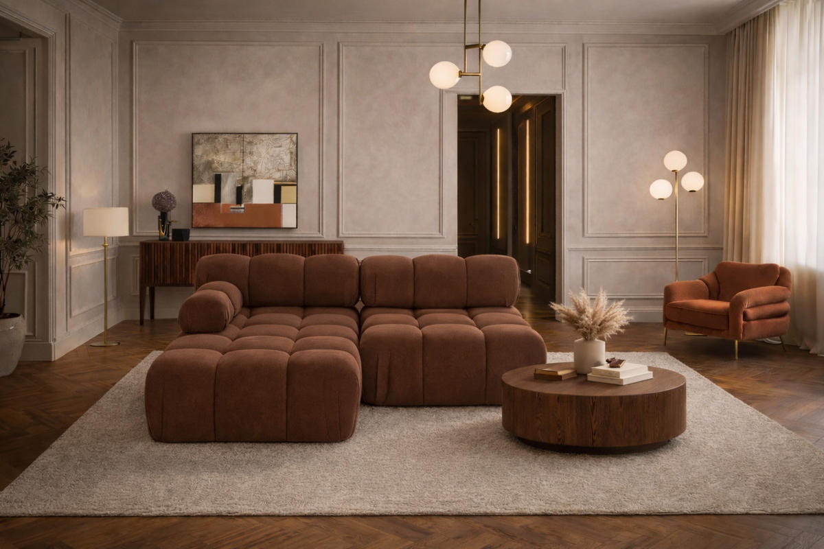 ECKSOFA L-Form Mini II Modular, Veloursstoff Salvador, Dunkelbraun, Links, Selia - Dunkelbraun, Holz (190/160cm) - Kaiser Möbel