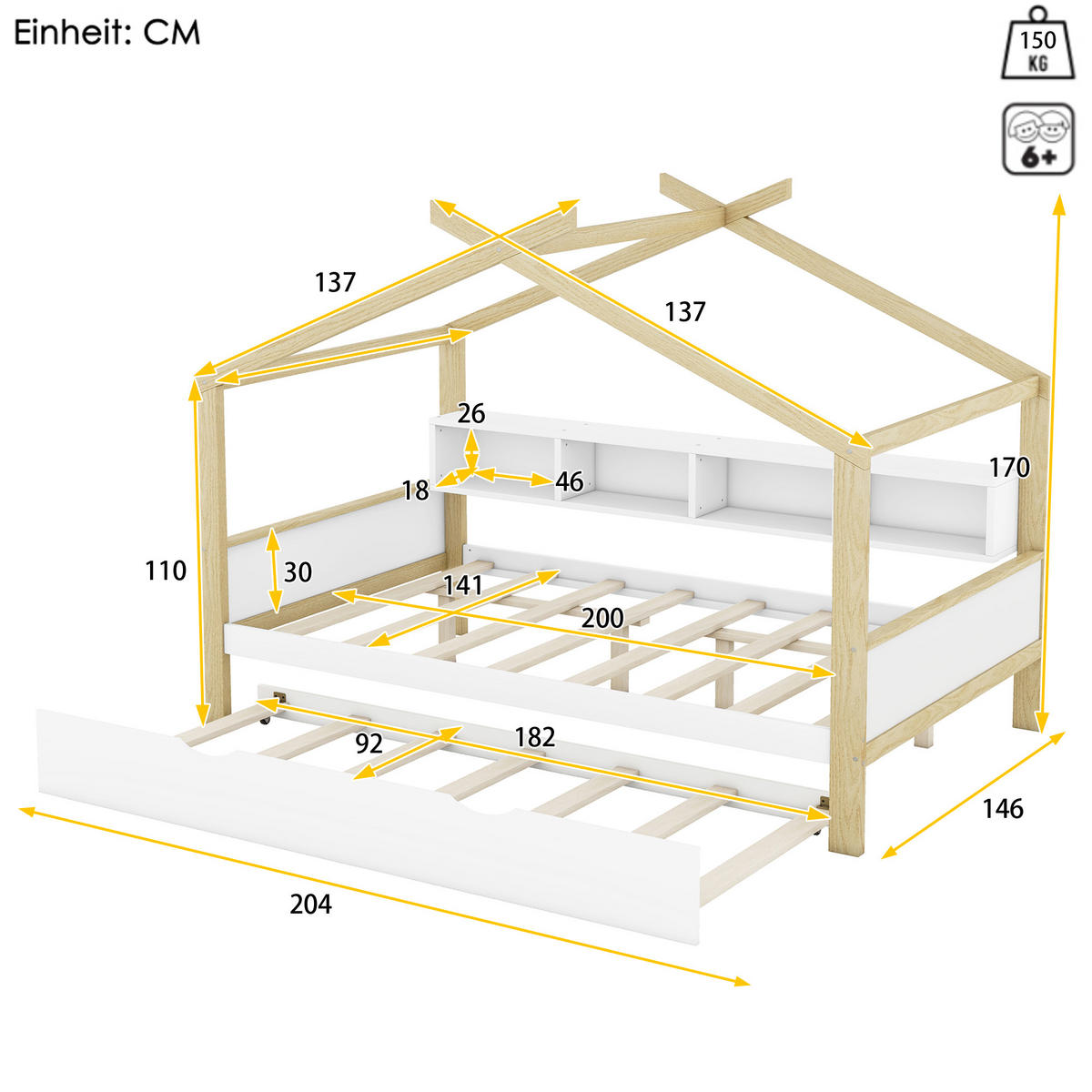 HAUSBETT 140/200 cm DE-04750, mit Ausziehbett und vier Staufächern in Weiß - Weiß/Naturfarben, Holz/Holzwerkstoff (140/200cm) - ComfortXL
