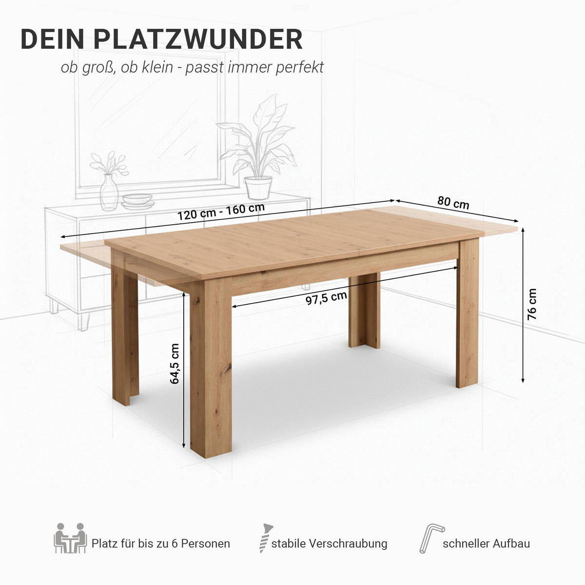 ESSTISCH in Naturholz 120-160/80/76 cm ausziehbar - Naturfarben, Holz (80/120/75cm) - Homestyle4u