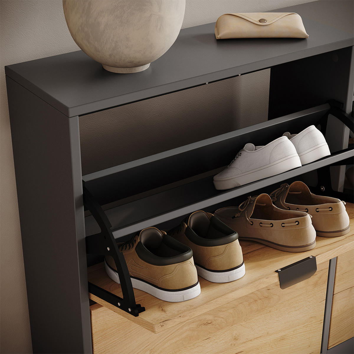 SCHUHKIPPER Gizmo, Goldkraft Eiche/Anthrazit, 115 x 77.6 cm mit 2x2 Fächern - Honigeiche/Anthrazit, Holzwerkstoff (115/77.6/22cm) - Vicco