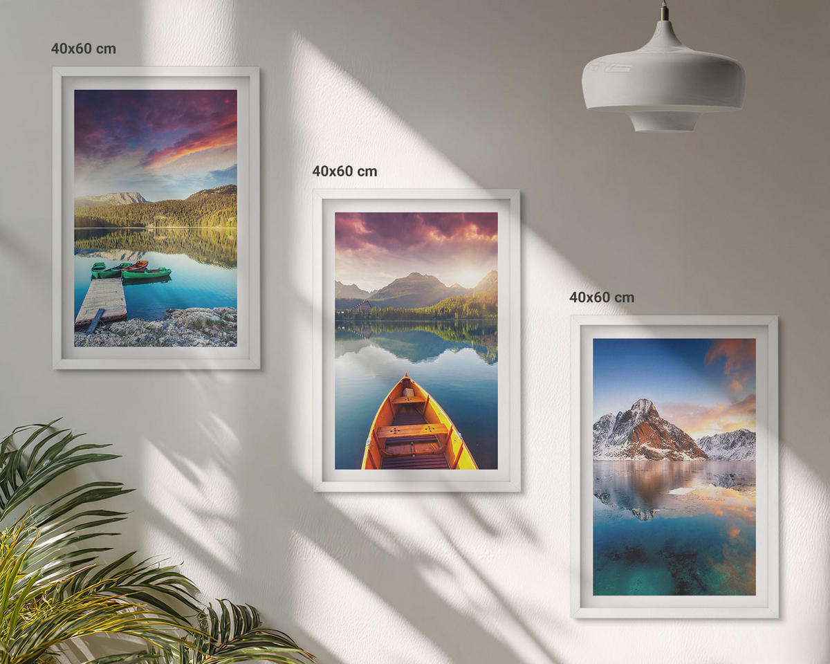 BILDER SET 3er Set - 40x60 cm Weißer Rahmen - Seen, Berge, Boote, Frieden - Weiß, Kunststoff (40/60cm) - TULUP