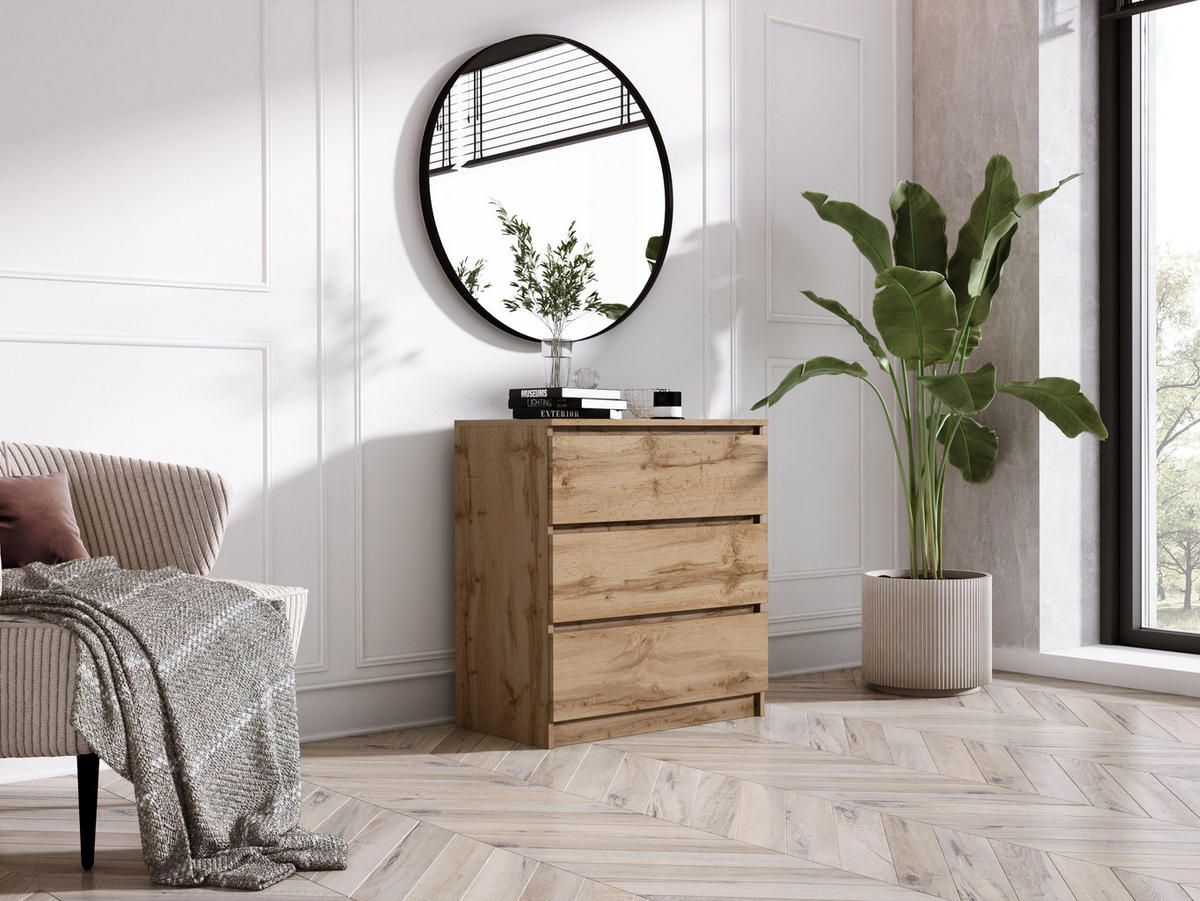 KOMMODE 3 Schubladen, Farbe: Wotan-Eiche, 78 x 70 x 39 cm - Eiche Wotan, Holzwerkstoff (70/78/39cm) - 3XE LIVING
