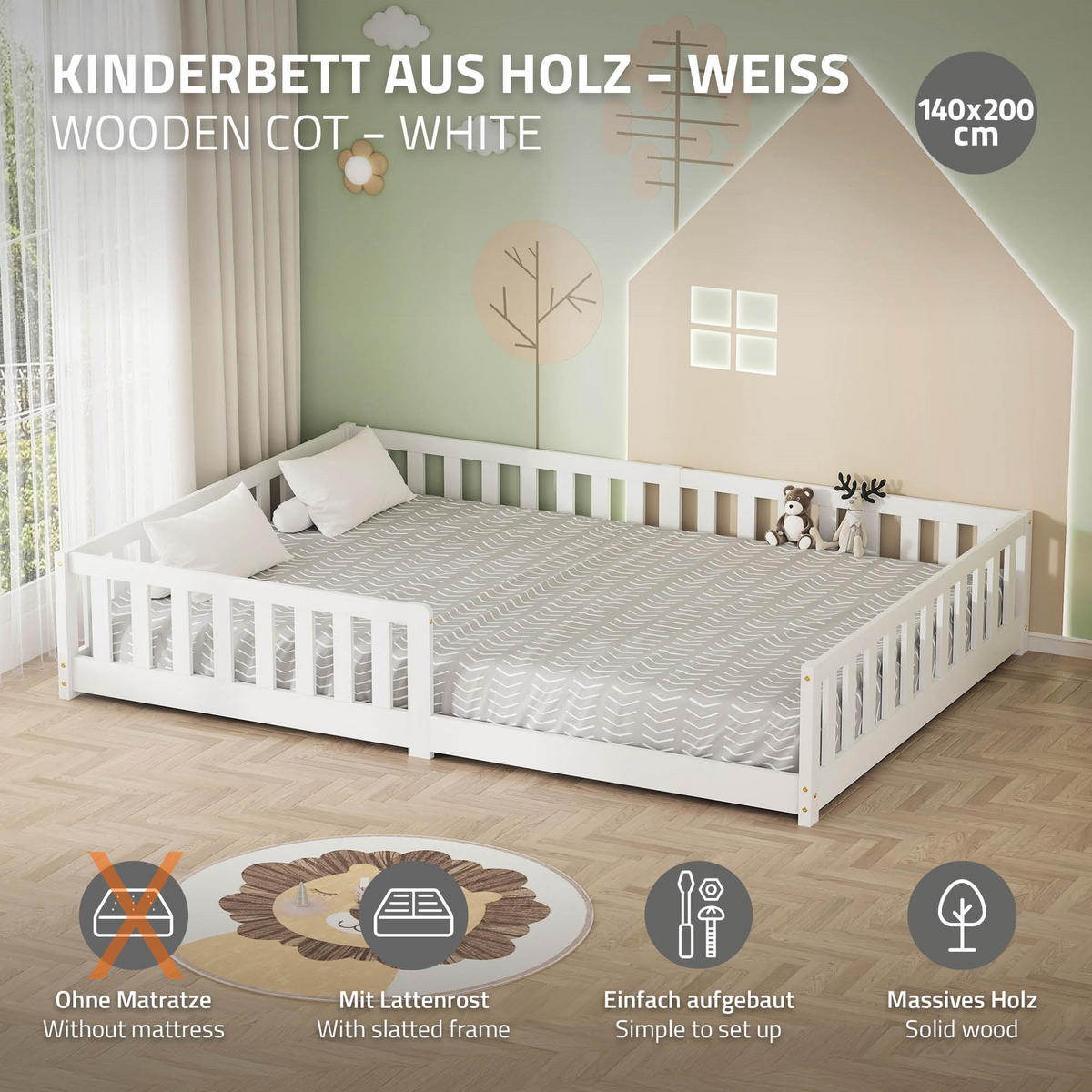 KINDERBETT 140x200 cm Weiß aus Kiefernholz - Weiß, Holz (200/140cm) - ML-DESIGN