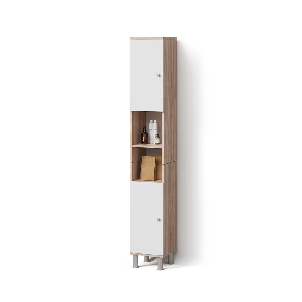 BADSCHRANK Fucino Sonoma 30 x 190 cm - Weiß/Sonoma Eiche, Holzwerkstoff (30/190/30cm) - Livinity®